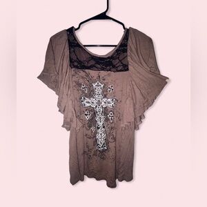 Daytrip Lace Cross Embellished Taupe Flutter Sleeve Top - Size Small
